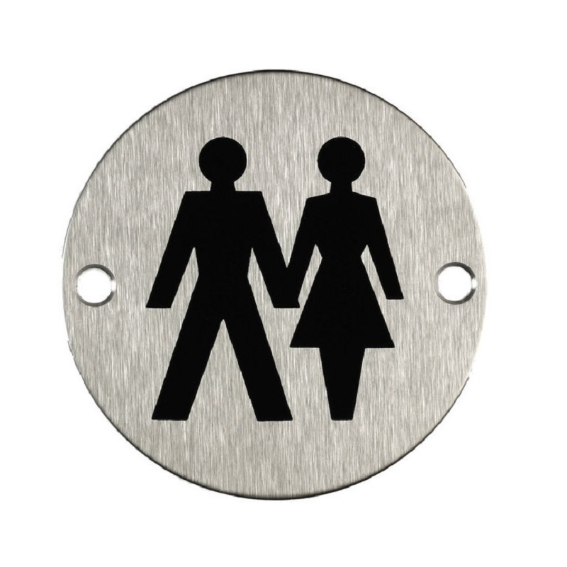 Unisex Washroom Sign Brushed Stainless Steel 75mm Diameter - Screw Fixed