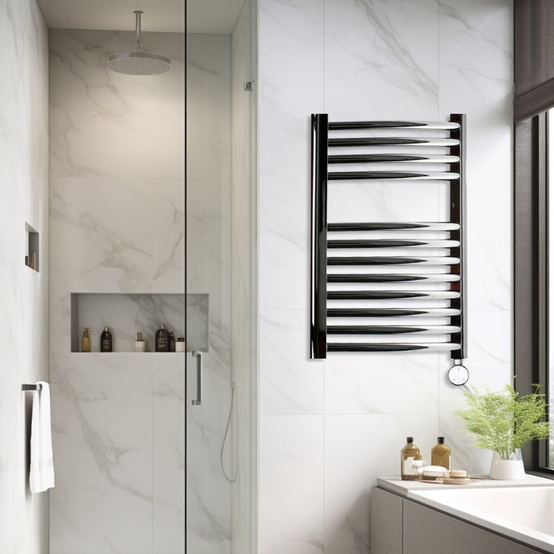 A chrome towel rail with a ladder design and slightly curved bars. It has an element fitted to the bottom right side to control the rail. It is situated within a marble bathroom with chrome accessories and shower.